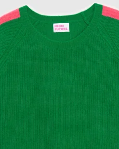 Sale FROM FUTURE Pull Col Rond Maille Perlee Bandes Multicolore Vert Gazon