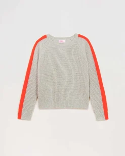 Clearance FROM FUTURE Pull Col Rond Maille Perlee Bandes Multicolore Gris Chine Clair