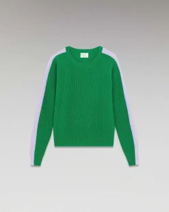 FROM FUTURE Pull Col Rond Maille Perlee Bandes Multicolore Winter Green