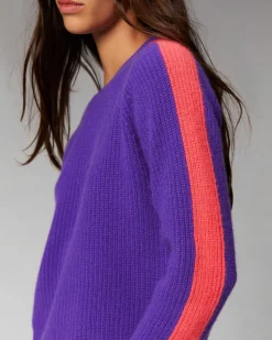 FROM FUTURE Pull Col Rond Maille Perlee Bandes Multicolore Gris Chine Fonce