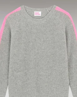 FROM FUTURE Pull Col Rond Maille Perlee Bandes Multicolore Gris Chine Fonce