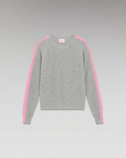 FROM FUTURE Pull Col Rond Maille Perlee Bandes Multicolore Gris Chine Fonce
