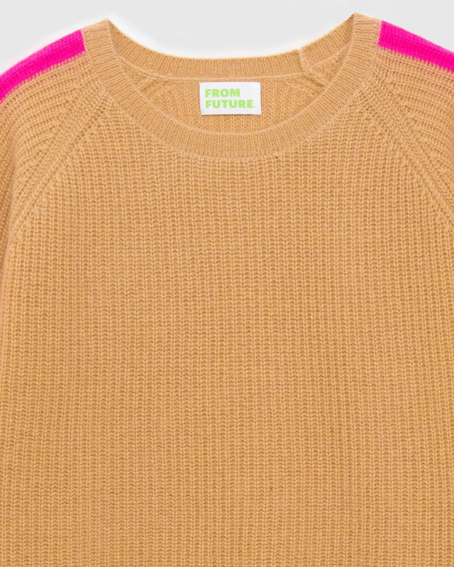 FROM FUTURE Pull Col Rond Maille Perlee Bandes Multicolore Camel