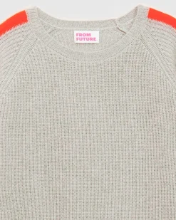 New FROM FUTURE Pull Col Rond Maille Perlee Bandes Multicolore Gris Chine Clair