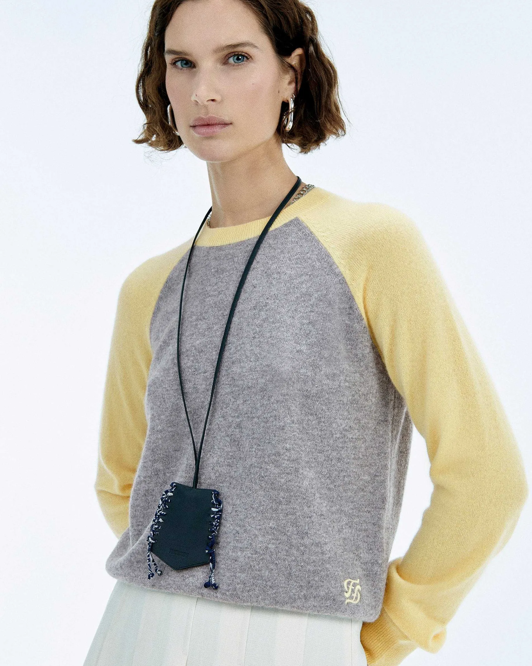 Sale FROM FUTURE Pull Col Rond Manches Contrastees Gris Chine Fonce