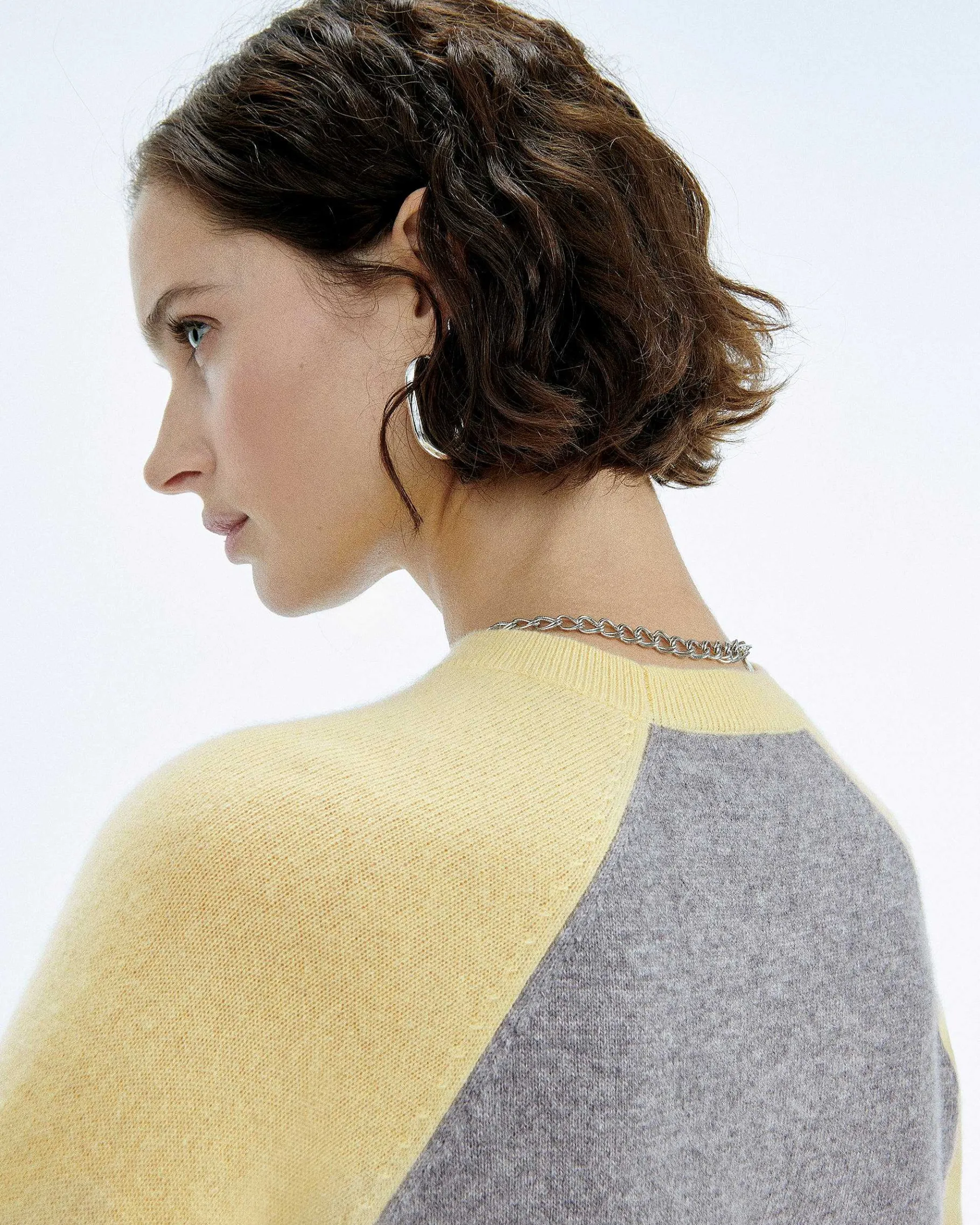 Sale FROM FUTURE Pull Col Rond Manches Contrastees Gris Chine Fonce