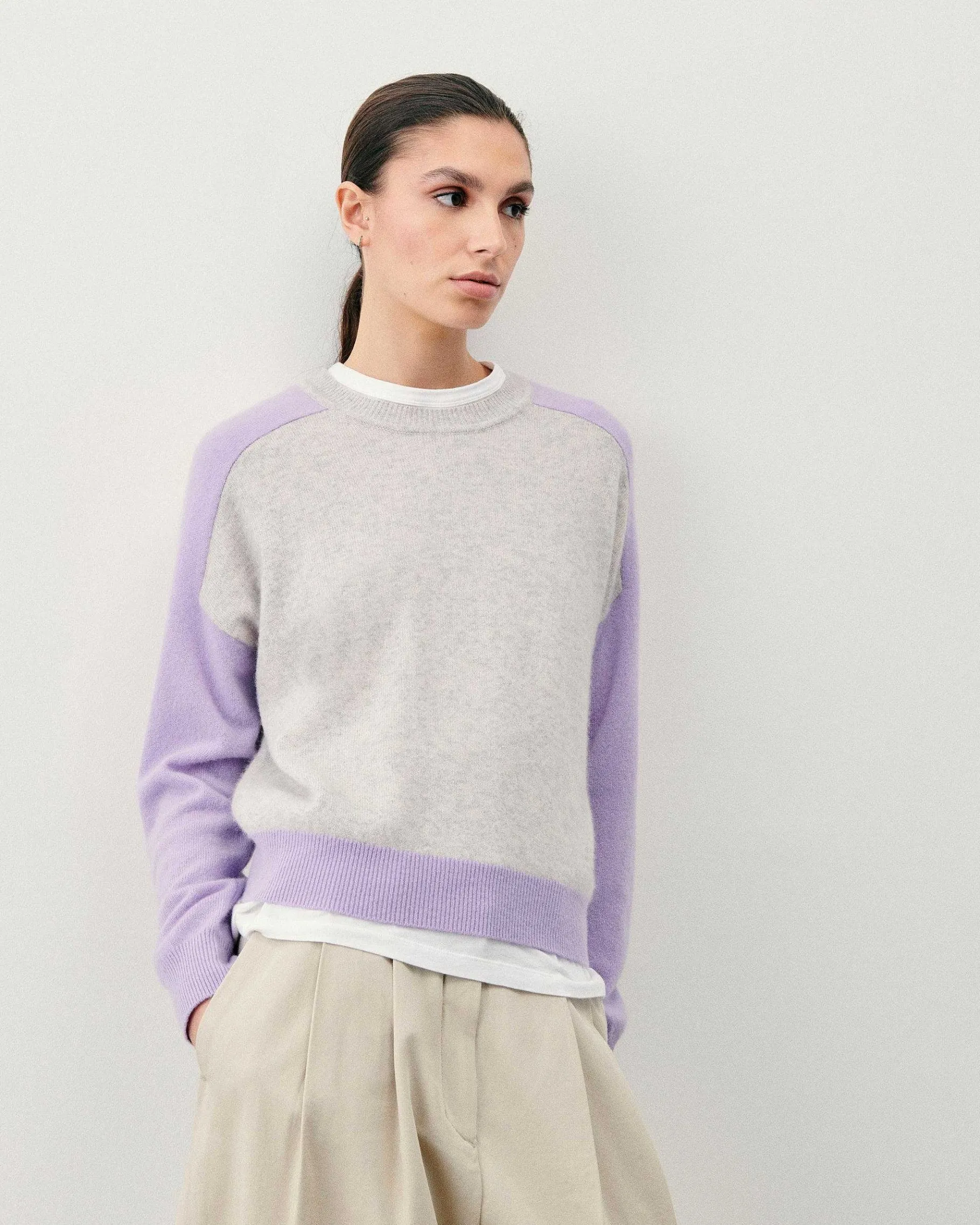 New FROM FUTURE Pull Col Rond Manches Contrastees Gris Chine Clair