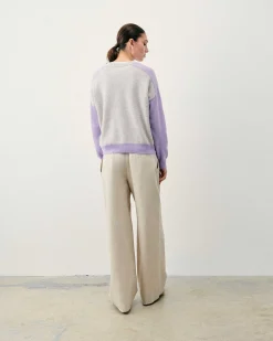 FROM FUTURE Pull Col Rond Manches Contrastees Gris Chine Clair