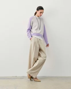 FROM FUTURE Pull Col Rond Manches Contrastees Gris Chine Clair