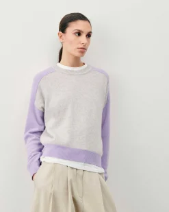 FROM FUTURE Pull Col Rond Manches Contrastees Gris Chine Clair