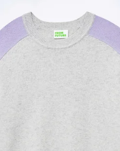 FROM FUTURE Pull Col Rond Manches Contrastees Gris Chine Clair