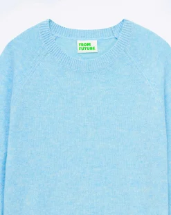 Online FROM FUTURE Pull Col Rond Manches Raglan Light Acid Blue Mouline