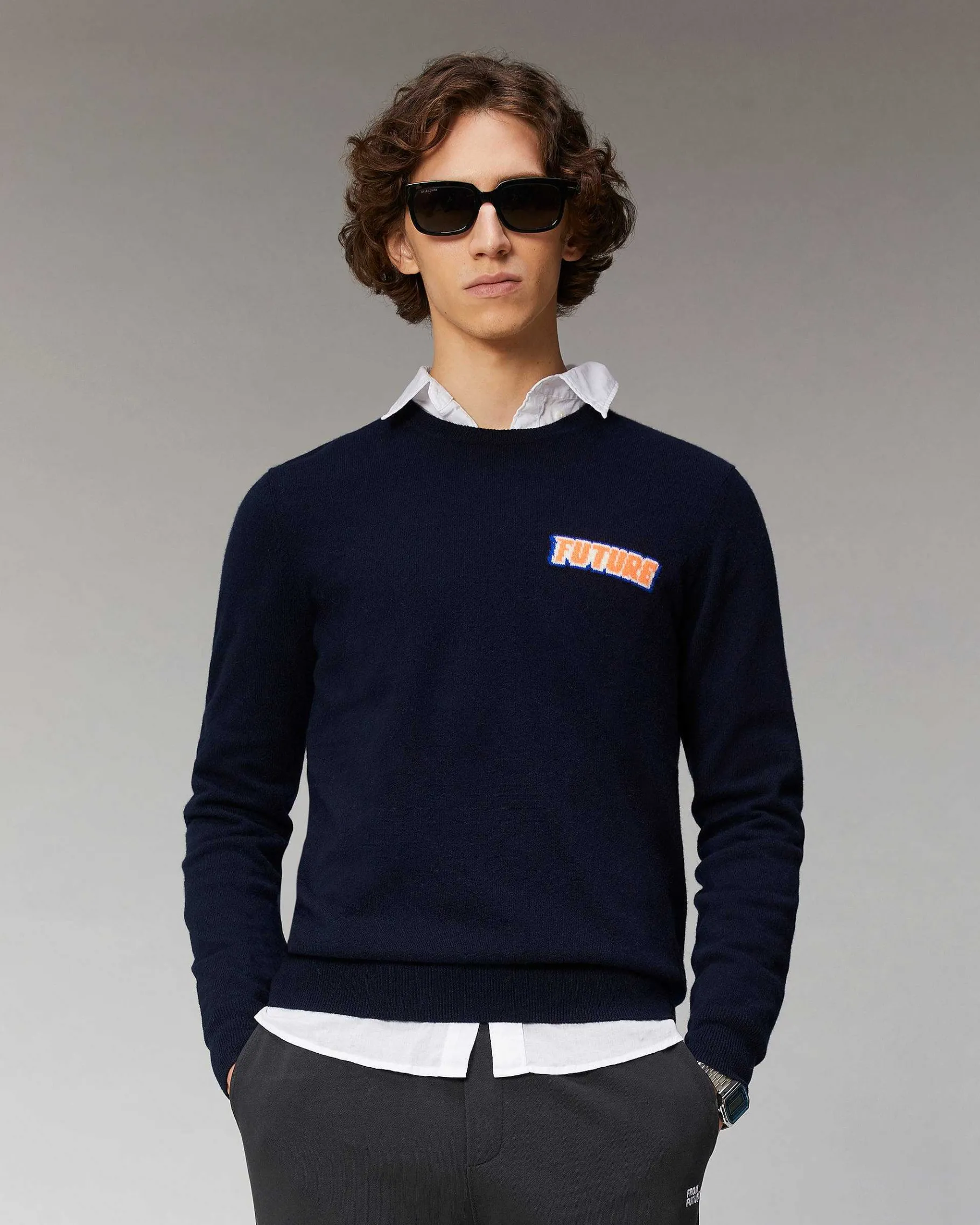 Best FROM FUTURE Pull Col Rond Motif Future Navy