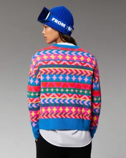 New FROM FUTURE Pull Col Rond Norvegien Allover Disco Blue
