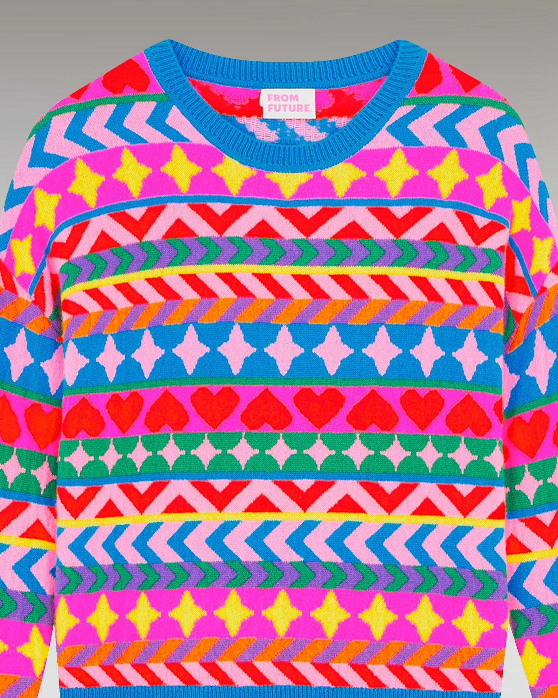 New FROM FUTURE Pull Col Rond Norvegien Allover Disco Blue