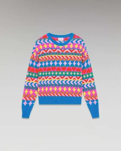 New FROM FUTURE Pull Col Rond Norvegien Allover Disco Blue