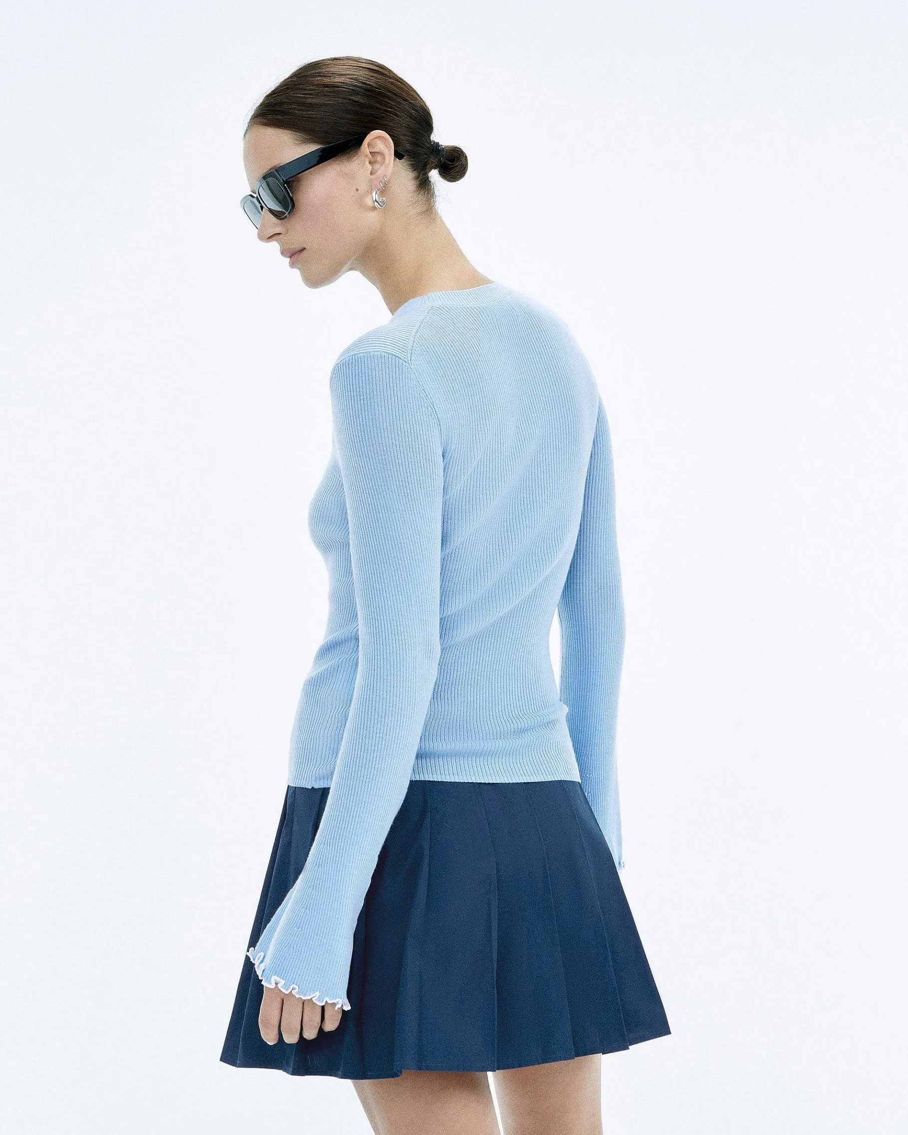 FROM FUTURE Pull Col Rond Point Bourdon Bicolore Baby Blue