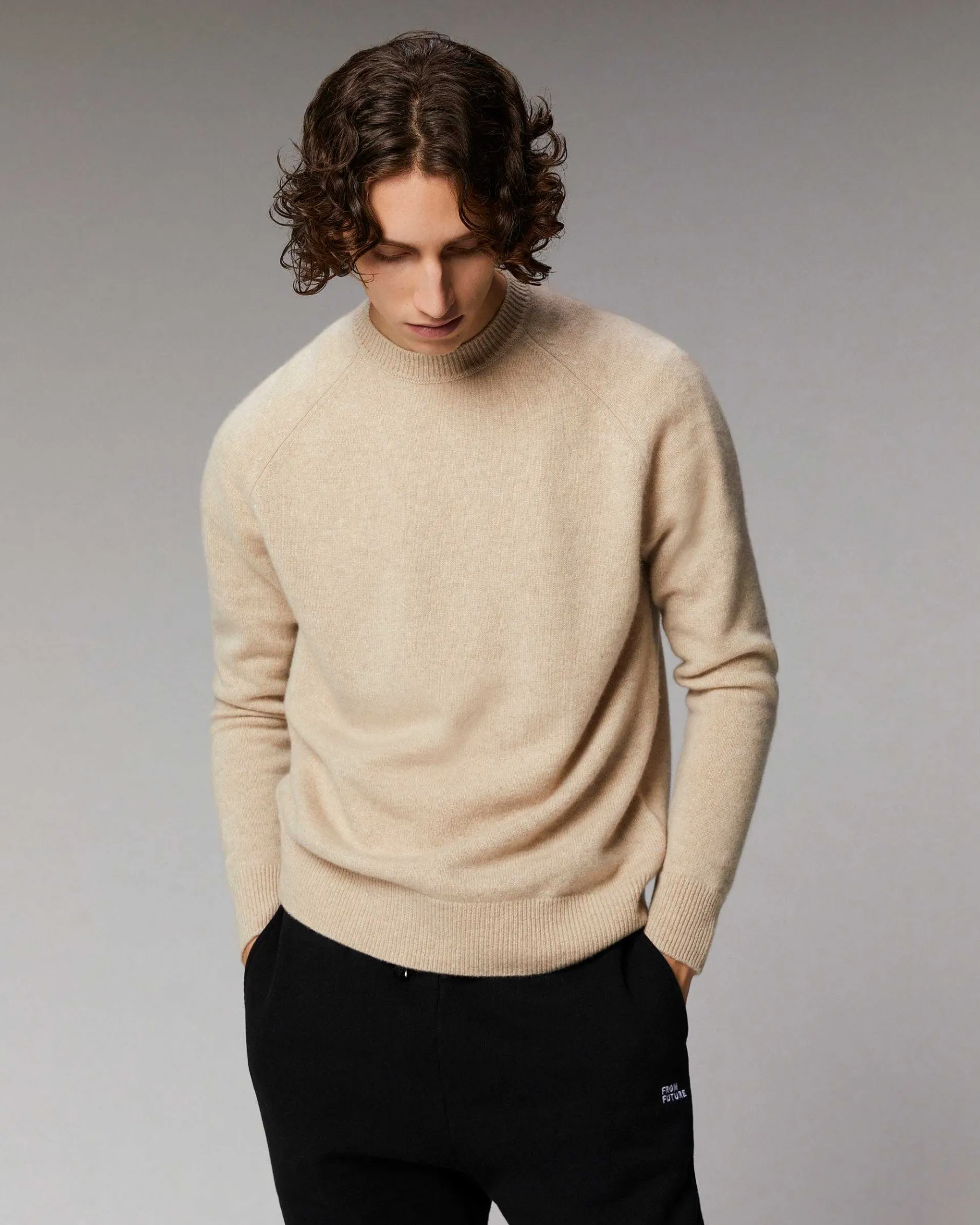 New FROM FUTURE Pull Col Rond Raglan Gris Chine Fonce