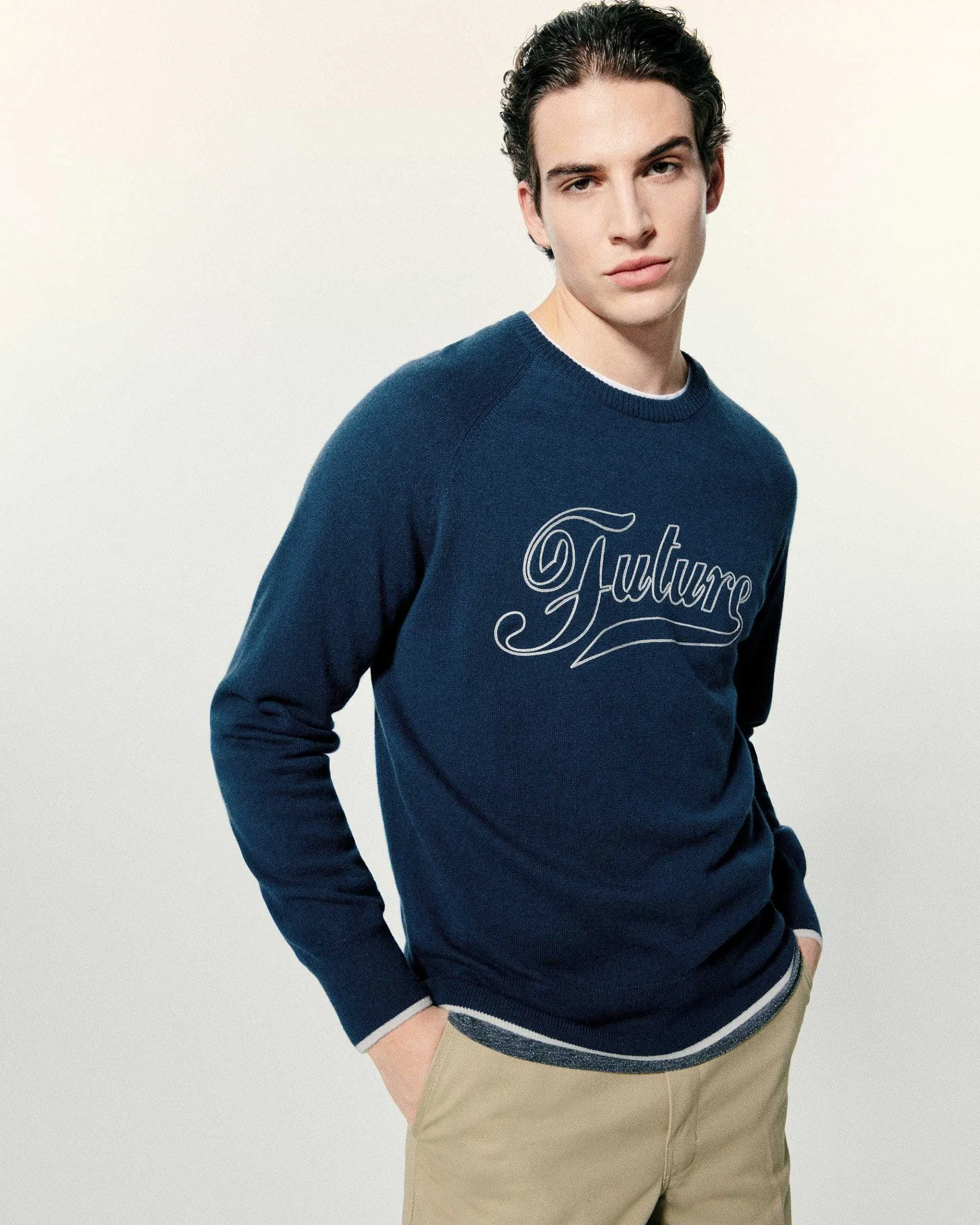FROM FUTURE Pull Col Rond Raglan Future Midnight Blue