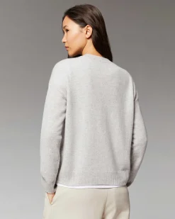 FROM FUTURE Pull Col Rond Strass Coeur Leger Gris Chine Clair