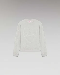 FROM FUTURE Pull Col Rond Strass Coeur Leger Gris Chine Clair