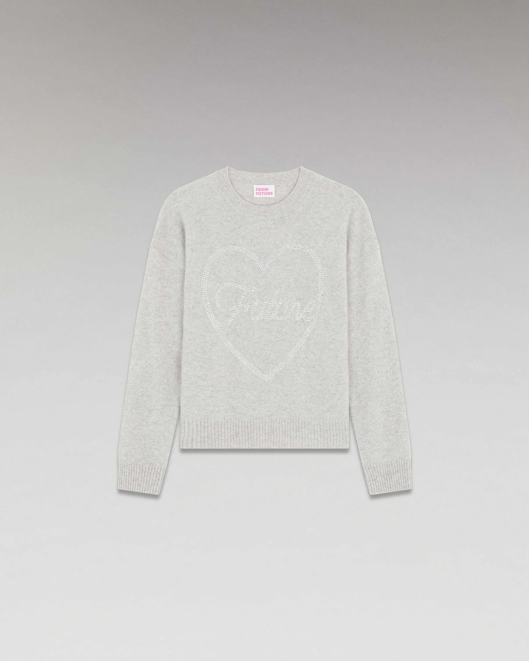 FROM FUTURE Pull Col Rond Strass Coeur Leger Gris Chine Clair