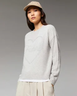 Discount FROM FUTURE Pull Col Rond Strass Coeur Leger Gris Chine Clair