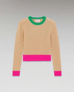Discount FROM FUTURE Pull Col Rond Tricolore Beige