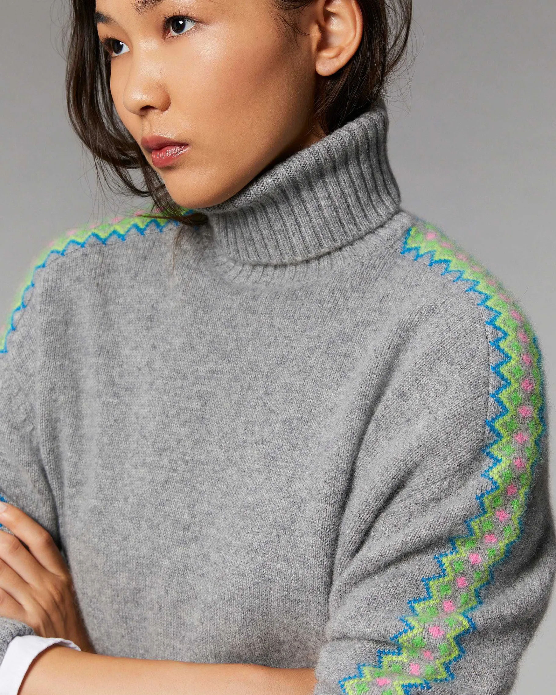 Best FROM FUTURE Pull Col Roule Bandes Bicolore Gris Chine Fonce
