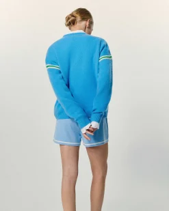 New FROM FUTURE Pull Col V Bandes Bicolores Manches Magic Blue