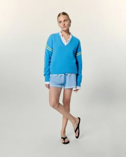 Sale FROM FUTURE Pull Col V Bandes Bicolores Manches Magic Blue