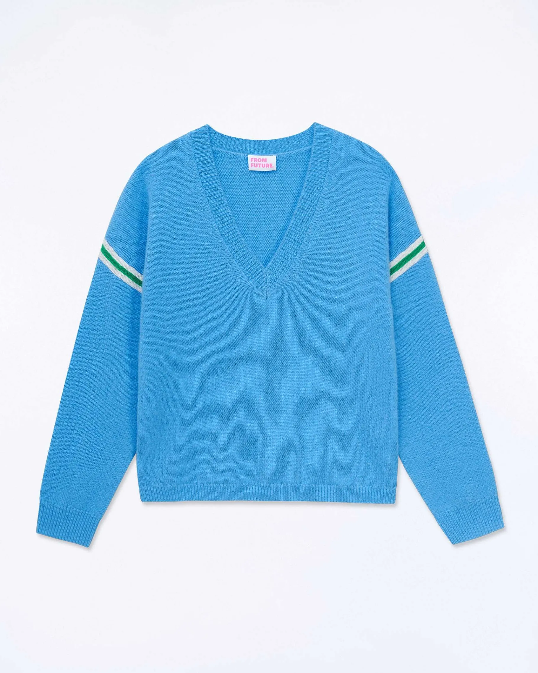 Sale FROM FUTURE Pull Col V Bandes Bicolores Manches Magic Blue