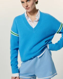Sale FROM FUTURE Pull Col V Bandes Bicolores Manches Magic Blue