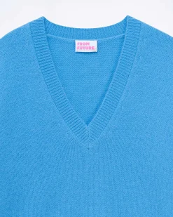 Sale FROM FUTURE Pull Col V Bandes Bicolores Manches Magic Blue