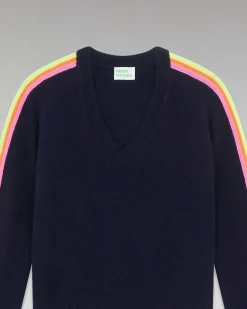 Sale FROM FUTURE Pull Col V Bandes Manches Multicolore Navy