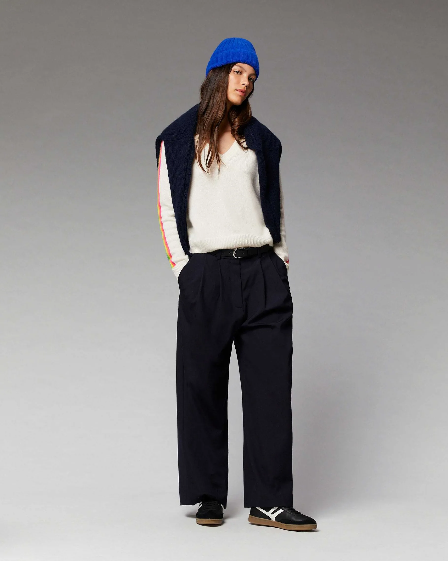 New FROM FUTURE Pull Col V Bandes Manches Multicolore Ecru