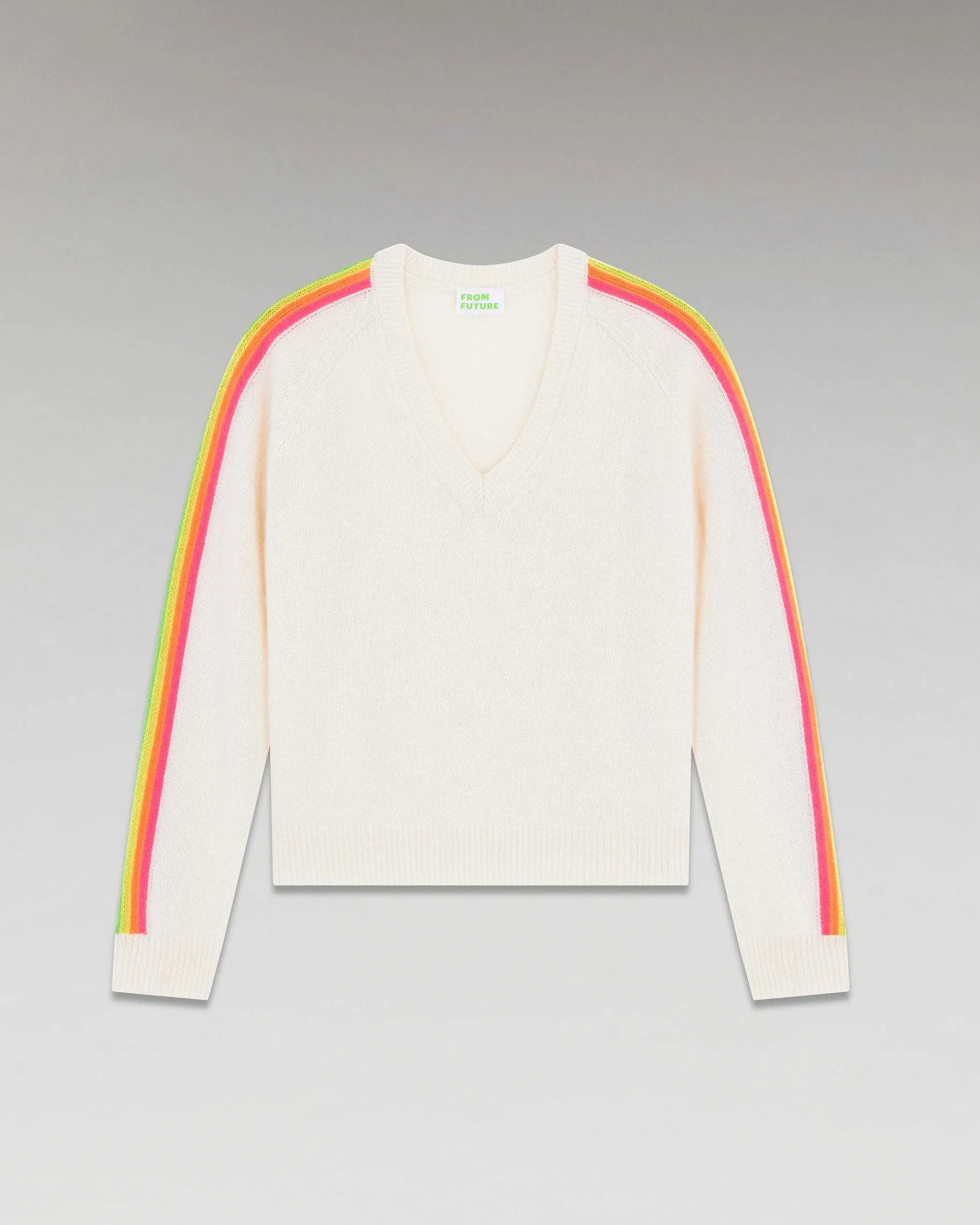 New FROM FUTURE Pull Col V Bandes Manches Multicolore Ecru