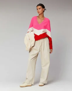 Sale FROM FUTURE Pull Col V Bandes Tricolore Leger Power Red