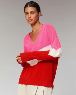 Sale FROM FUTURE Pull Col V Bandes Tricolore Leger Power Red