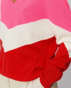 Sale FROM FUTURE Pull Col V Bandes Tricolore Leger Power Red