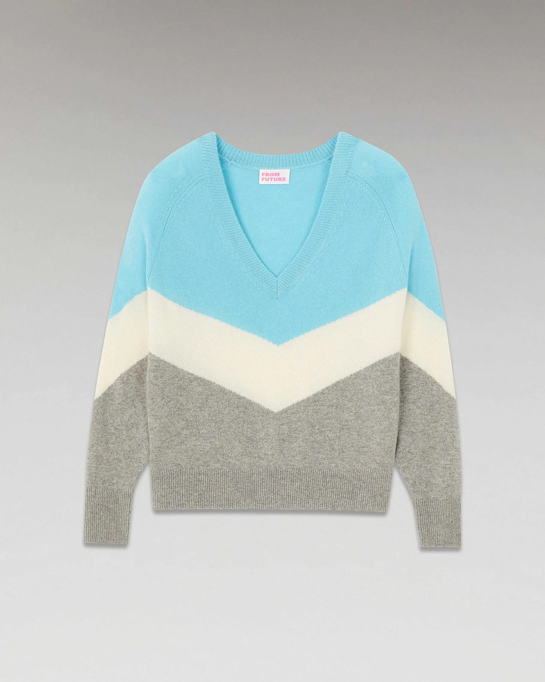 New FROM FUTURE Pull Col V Bandes Tricolore Leger Gris Chine Fonce