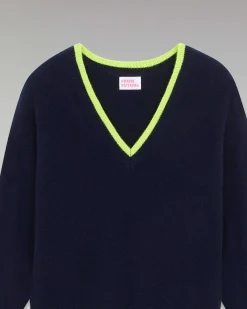 Outlet FROM FUTURE Pull Col V Liserets Contrastes Leger Navy