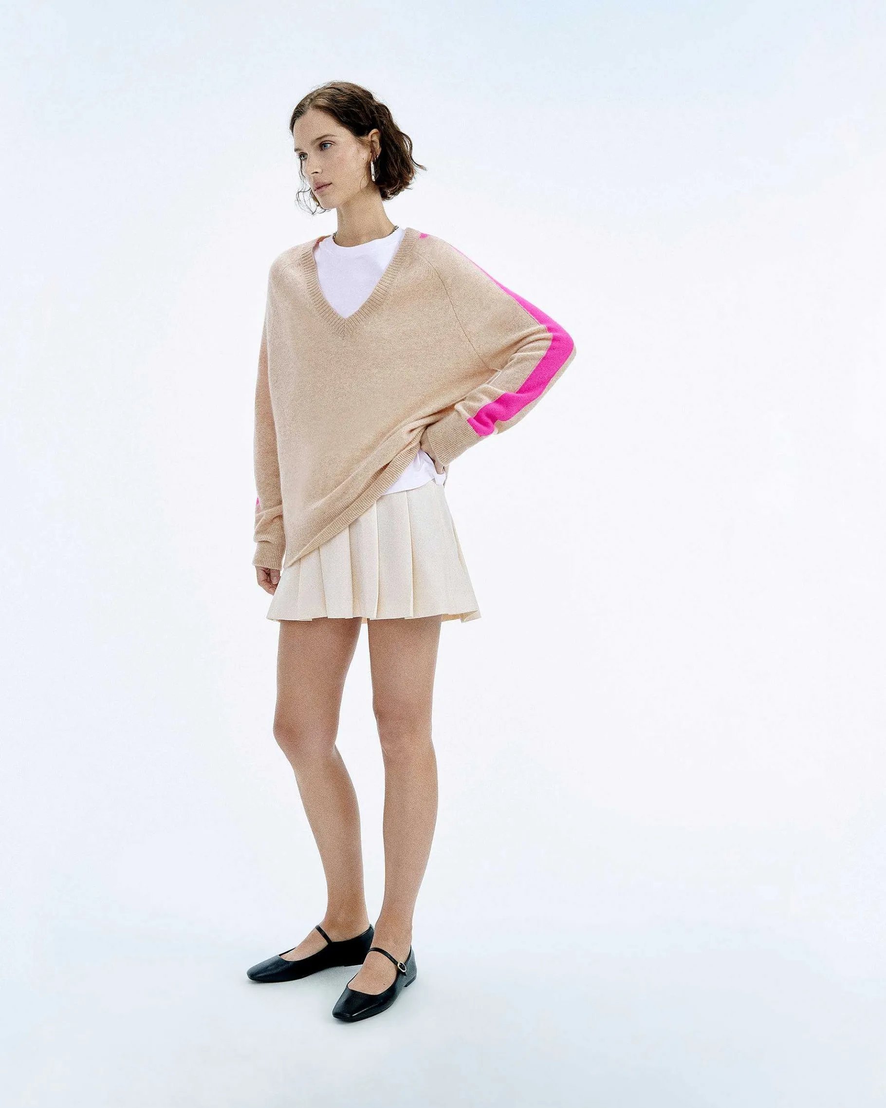 Best FROM FUTURE Pull Col V Oversize Bande Manches Light Beige Chine