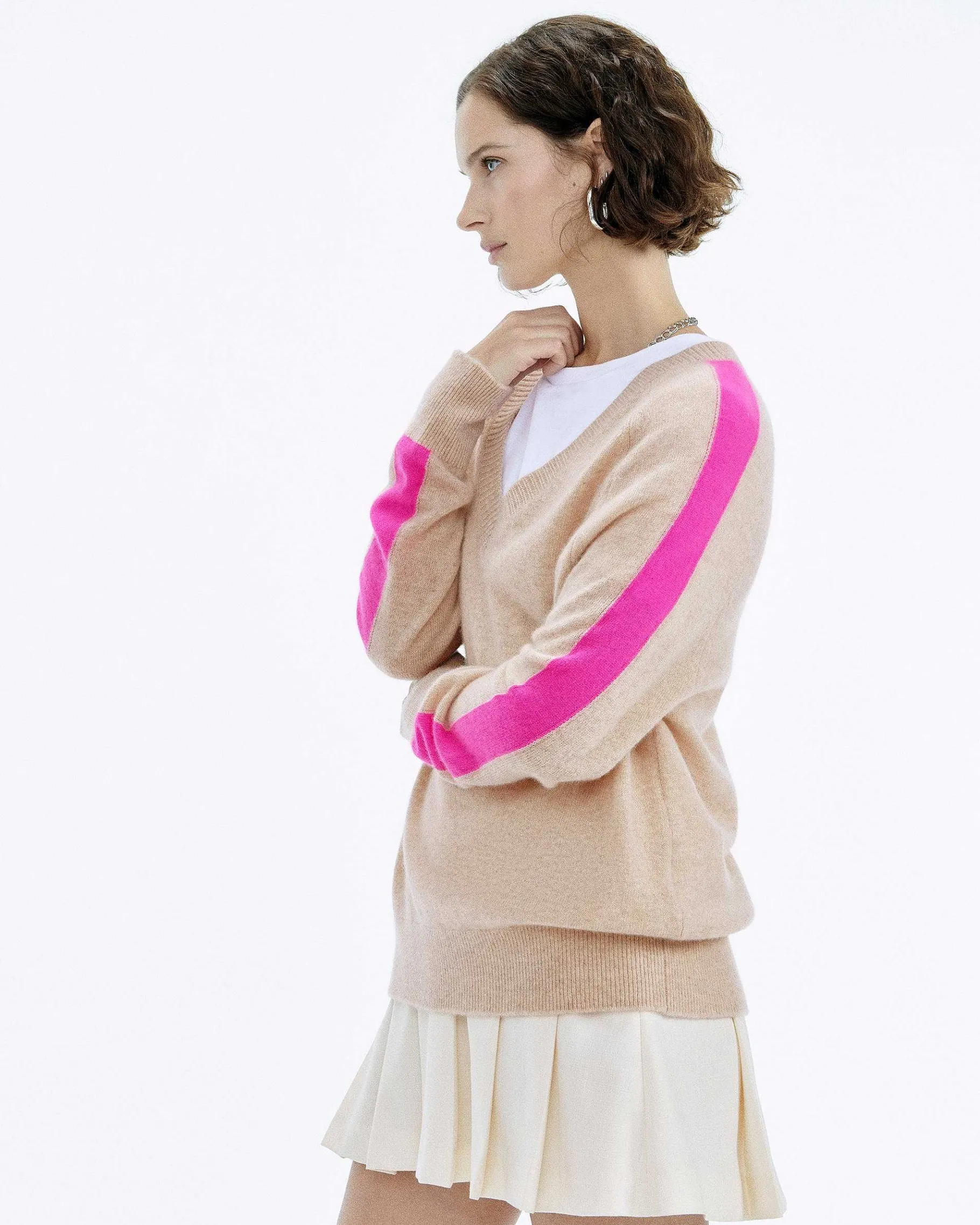 Best FROM FUTURE Pull Col V Oversize Bande Manches Light Beige Chine