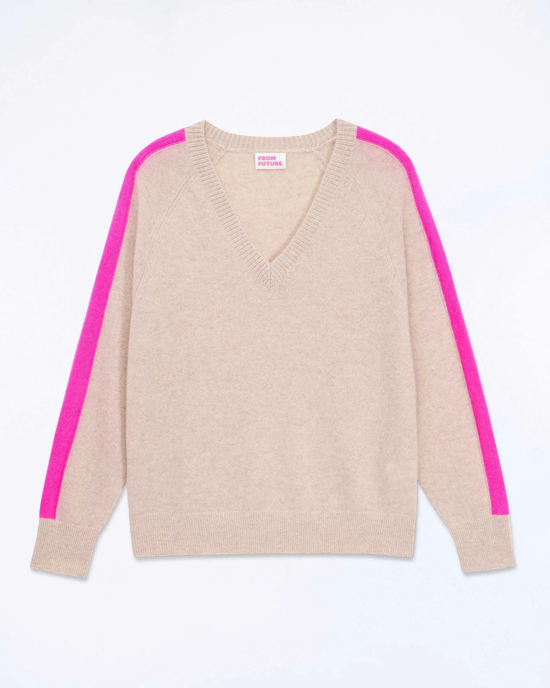 Best FROM FUTURE Pull Col V Oversize Bande Manches Light Beige Chine
