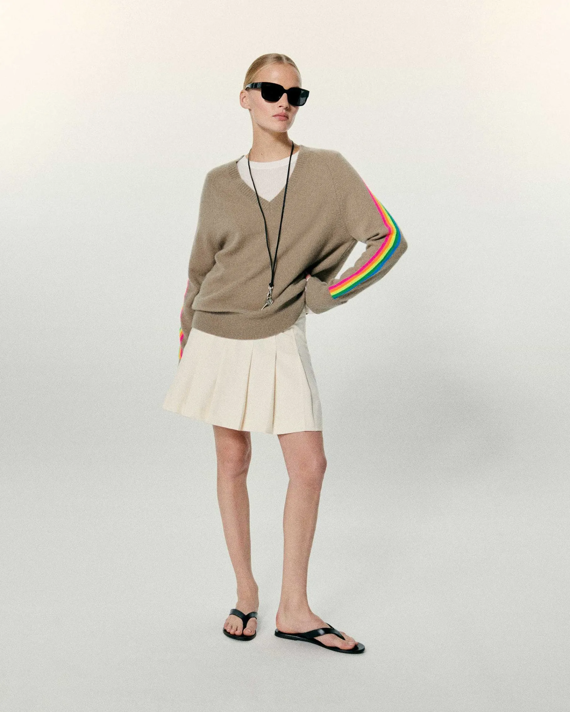 Clearance FROM FUTURE Pull Col V Oversize Bande Manches Multico Tropical Taupe