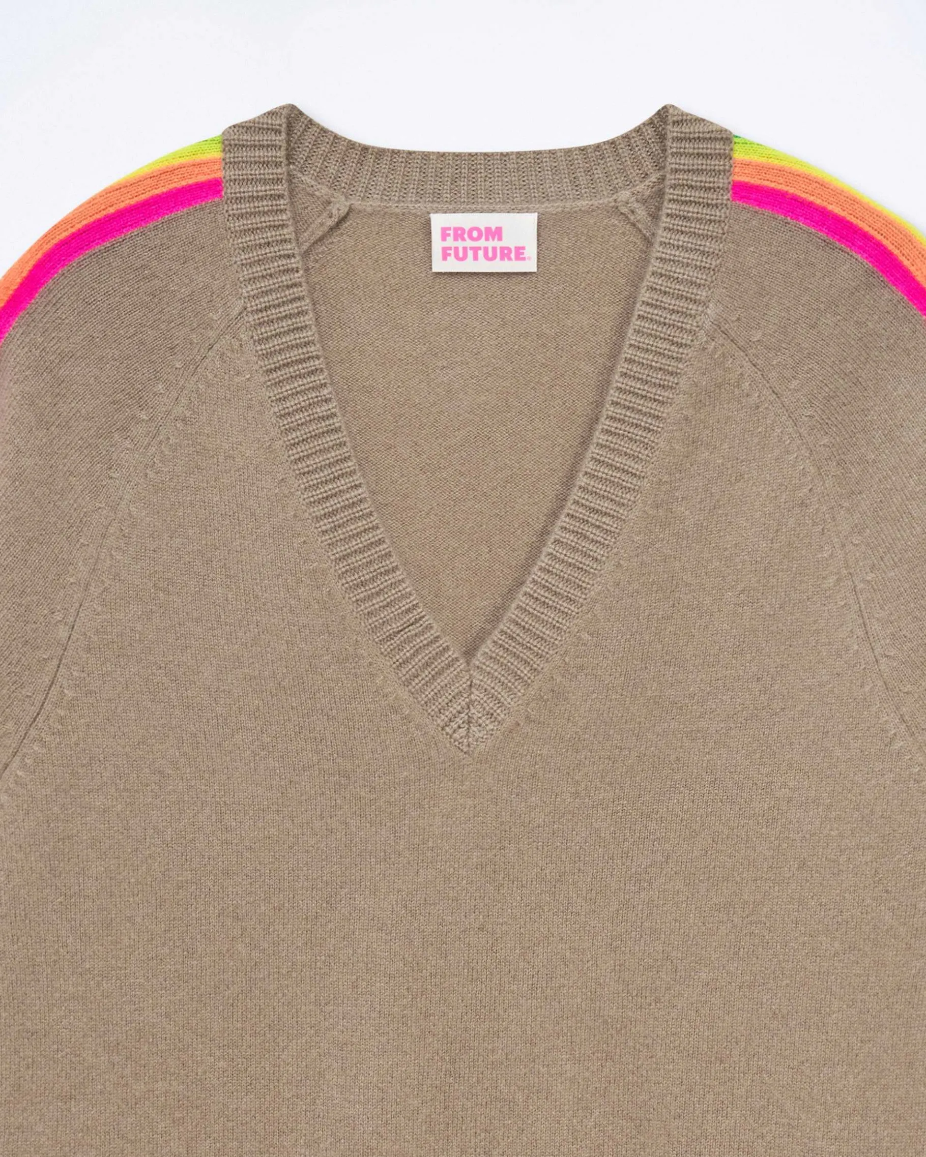 Clearance FROM FUTURE Pull Col V Oversize Bande Manches Multico Tropical Taupe