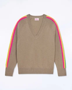 Clearance FROM FUTURE Pull Col V Oversize Bande Manches Multico Tropical Taupe
