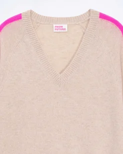 Clearance FROM FUTURE Pull Col V Oversize Bande Manches Light Beige Chine