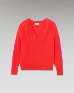 Discount FROM FUTURE Pull Col V Oversize Bandes Bicolore Leger Rouge Vif